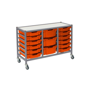 Dynamis Low Triple Cart Silver Frame with 3" Casters, 2 braked & Feet 12- 3 inch and 3- 6 inch deep Tropical Orange Trays. Overall Dimensions: 41.5" x 16.6" x 28.2" 221640