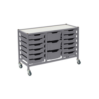 Dynamis Low Triple Cart Silver Frame with 3" Casters, 2 braked & Feet 12- 3 inch and 3- 6 inch deep Silver Trays. Overall Dimensions: 41.5" x 16.6" x 28.2"