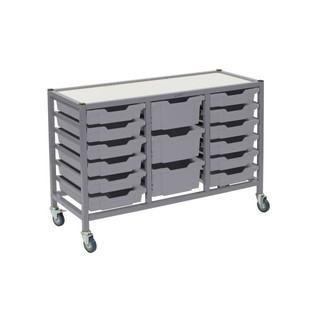 Dynamis Low Triple Cart Silver Frame with 3" Casters, 2 braked & Feet 12- 3 inch and 3- 6 inch deep Light Gray Trays. Overall Dimensions: 41.5" x 16.6" x 28.2" 221638