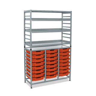 Dynamis Combo Cart Silver Frame with feet 3 shelves 24 Shallow 3 inch deep Tropical Orange Trays. Overall Dimensions: 41.5" x 16.6" x 67.2"