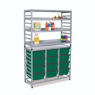 Dynamis Combo Cart Silver Frame with feet 3 shelves 12-6 inch deep Grass Green Trays. Overall Dimensions: 41.5" x 16.6" x 67.2" 221684