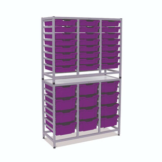 Dynamis Combo Cart Silver Frame with feet 24- 3 inch and 12- 6 inch deep Plum Purple Trays. Overall Dimensions: 41.5" x 16.6" x 67.2" 221700