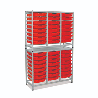 Dynamis Combo Cart Silver Frame with feet 48 Shallow 3 inch deep Flame Red Trays. Overall Dimensions: 41.5" x 16.6" x 67.2"