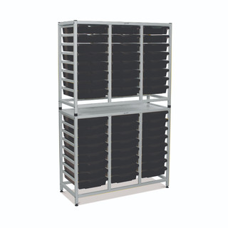 Dynamis Combo Cart Silver Frame with feet 48 Shallow 3 inch deep Jet Black Trays. Overall Dimensions: 41.5" x 16.6" x 67.2"