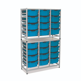 Dynamis Combo Cart Silver Frame with feet 24- 6 inch deep Cyan Blue Trays. Overall Dimensions: 41.5" x 16.6" x 67.2"