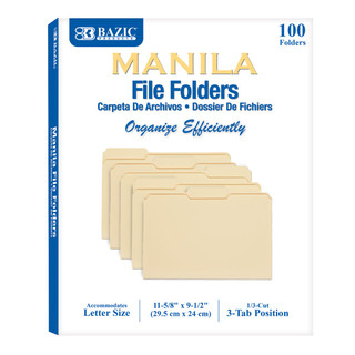 1/3 Cut Letter Size Manila File Folder (100/Box) 5 Pack 