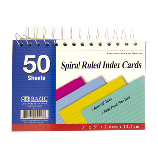 50 Ct. Spiral Bound 3" X 5" Ruled Colored Index Card
