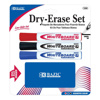 3 Assorted Colors Chisel Tip Dry-Erase Markers w/ Eraser 24 Pack 223344