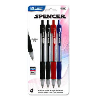 Spencer Asst. Color Retractable Pen w/ Cushion Grip (4/Pack) 24 Pack 