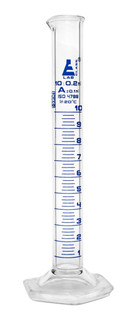 Graduated Cylinder, 10ml - Class A - Blue Graduations, Hexagonal Base - 225004 225004