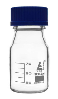 Reagent Bottle, 100ml - Transparent with Blue Screw Cap - White Graduations - Borosilicate 3.3 Glass - 224884 224884