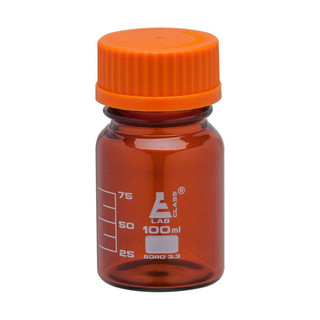 Reagent Bottle, 100ml - Amber Colored Glass - Orange Screw Cap - Borosilicate 3.3 Glass - 225010 225010