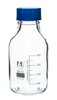 Reagent Bottle, 500ml - Transparent with Blue Screw Cap - White Graduations - Borosilicate 3.3 Glass 225054 Reagent Bottle, 500ml - Transparent with Blue Screw Cap - White Graduations - Borosilicate 3.3 Glass 225054
