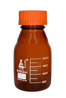 Reagent Bottle, 250ml - Amber Colored Glass - Orange Screw Cap - Borosilicate 3.3 Glass 225190 Reagent Bottle, 250ml - Amber Colored Glass - Orange Screw Cap - Borosilicate 3.3 Glass 225190