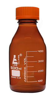 Reagent Bottle, 500ml - Amber Colored Glass - Orange Screw Cap - Borosilicate 3.3 Glass 225238