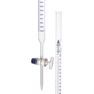 Burette, 100mL - Class A, DIN 385 Compliant, Borosilicate Glass with Glass Key Stopcock, 0.2mL Graduations - Eisco Labs 225308