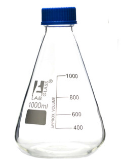 Erlenmeyer Flask, 1000ml - Borosilicate Glass - With PTFE Screw Cap - Conical Shape - White Graduations - Eisco Labs 225316
