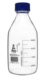 Reagent Bottle, 1000ml - Transparent with Blue Screw Cap - White Graduations - Borosilicate 3.3 Glass - Eisco Labs 225322 Reagent Bottle, 1000ml - Transparent with Blue Screw Cap - White Graduations - Borosilicate 3.3 Glass - Eisco Labs 225322