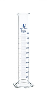 Measuring Cylinder, 500mL Class B ±5.00mL, Hex Base, Blue Graduations, Borosilicate Glass – Eisco Labs 225372
