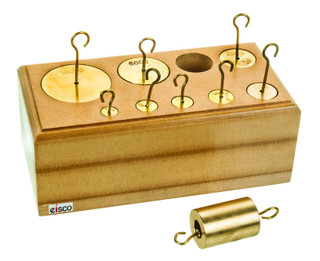 Eisco Labs Hooked Brass Weights, Set of 9 weights, 10-1000g in wooden block 225778 Eisco Labs Hooked Brass Weights, Set of 9 weights, 10-1000g in wooden block 225778
