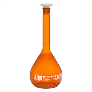 Amber Volumetric Flask, 1000mL, Class A, ±0.400mL Tolerance, 24/29 Polypropylene Stopper, Borosilicate Glass – White Graduation – Eisco Labs 225594
