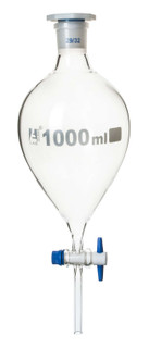 Squibb Separating Funnel, 1000ml - 29/32 Plastic Stopper, PTFE Key Stopcock, Ungraduated - Borosilicate Glass - Eisco Labs 225496