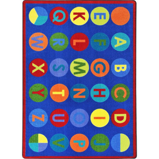 Simple lines and fresh, clean colors give an uncluttered look to this classroom carpet. The large alphabet letters on the colored dots are in sequence for young children, and the dots in the corners can be used as a beginning lesson in fractions.