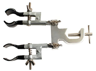 Double Burette Clamp, has adjustable arms that can be locked in the selected position. Cast-metal construction with plastisol tips.