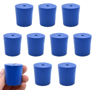 Eisco Labs Blue Neoprene Stoppers with 1 Hole (5mm Dia), Bottom 27mm, Top 31mm, Length 32mm, Oil Resistant, Up to 250°F / 120°C – Pack of 10_MAIN