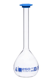 Eisco Labs: 250ml Volumetric Flask - Class B, ASTM - Snap Cap - Blue Graduation Mark, Tolerance ±0.240ml_MAIN