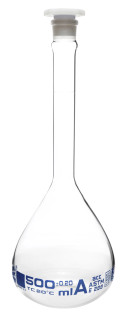 Eisco Labs: 500ml Volumetric Flask - ASTM, Class A - Tolerance ±0.20ml - Interchangeable, Size 19 Polypropylene Stopper - Single, White Graduation_MAIN
