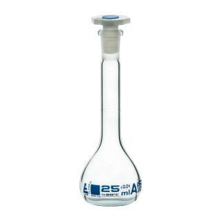 Eisco Labs: 25ml Volumetric Flask - Class A - 10/19 Polyethylene Stopper - Blue Graduation, Tolerance ±0.040_MAIN
