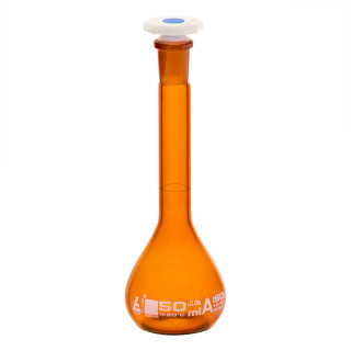 Eisco Labs: Amber Volumetric Flask 50 ml with Stopper, Class-A, Cert._main