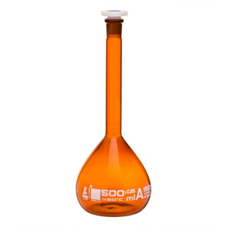 Eisco Labs: Amber Volumetric Flask with Stopper, Class-A, 500 ml, Cert._main