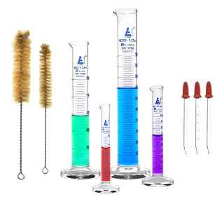 Eisco Labs: Safety Pack Measuring Cylinder Set with 3 Droppers & 2 Cleaning Brushes - 5ml, 10ml, 50ml & 100ml - Class B_main