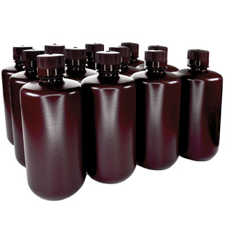 Eisco Labs: Pack of 12, 1000ml Narrow Mouth Amber HDPE Reagent Bottles with Polypropylene Caps, Non-Sterile, Light-Sensitive Storage, -100 to 120°C Temperature Range, Leak-Proof_main