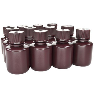 Eisco Labs: Pack of 12, 30ml Sterile Narrow Mouth Amber HDPE Reagent Bottles with Polypropylene Caps, Leak-Proof Design, Light-Sensitive Sample Storage, -100 to 120°C_main