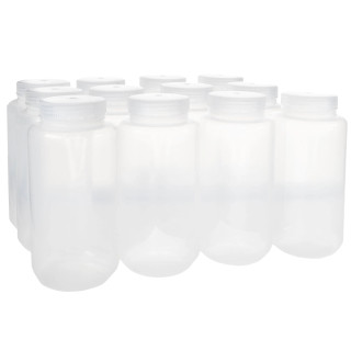 Eisco Labs: 1L Wide Mouth Polypropylene Translucent Reagent Bottles with Polypropylene Caps, Pack of 12, Non-Sterile, Autoclavable, Leakproof 0-135°C Temperature Range_main