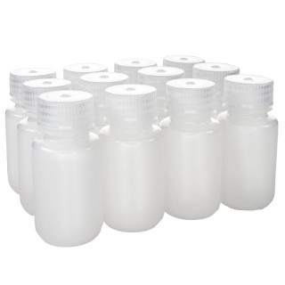 Eisco Labs: 60ml Wide Mouth HDPE Reagent Bottles with Polypropylene Caps, Non-Sterile, Pack of 12, Translucent Leakproof Laboratory Containers, -100 to 120°C Temperature Range_main