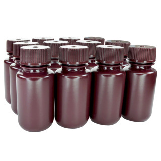 Eisco Labs: Pack of 12, 60ml Wide Mouth Amber HDPE Reagent Bottles with Polypropylene Caps, Non-Sterile, Leak-Proof, Chemical-Resistant, UV Light Shielding, -100°C to 120°C_main