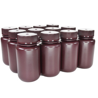 Eisco Labs: Pack of 12, 125ml Wide Mouth Amber HDPE Reagent Bottles with Polypropylene Caps, Non-Sterile, Leak-Proof, Chemical-Resistant, UV Light Shielding, -100°C to 120°C_main