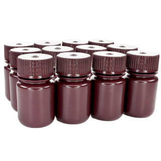 Eisco Labs: Pack of 12, Sterile 30ml Wide Mouth Amber HDPE Reagent Bottles with Polypropylene Caps, Leak-Proof, UV Light Protection for Laboratory Samples, -100 to 120°C_main