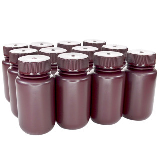 Eisco Labs: Pack of 12, Sterile 125ml Wide Mouth Amber HDPE Reagent Bottles with Polypropylene Caps, Leak-Proof, UV Light Protection for Laboratory Samples, -100 to 120°C_main