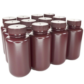 Eisco Labs: Pack of 12, Sterile 250ml Wide Mouth Amber HDPE Reagent Bottles with Polypropylene Caps, Leak-Proof, UV Light Protection for Laboratory Samples, -100 to 120°C_main