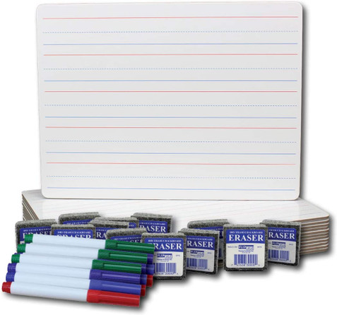 9 x 12 Two Sided Magnetic Red & Blue Ruled Dry Erase Boards with Erasers and Colored Pens Pack of 12