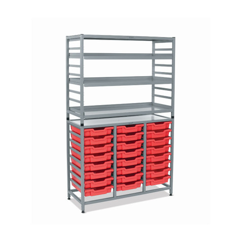 Dynamis Combo Cart Cart Silver Frame with feet 3 shelves 24 Shallow 3 inch deep Flame Red Trays. Overall Dimensions: 41.5" x 16.6" x 67.2"