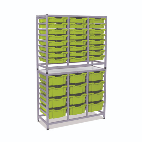 Dynamis Combo Cart Silver Frame with feet 24- 3 inch and 12- 6 inch deep Jolly Lime Trays. Overall Dimensions: 41.5" x 16.6" x 67.2"