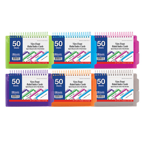 50 Ct. View Poly Spiral Bound 3" x 5" Ruled White Index Card w/ 2-Tab Divider 24 Pack