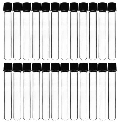 Pack of 24, round bottom culture tubes, each with a 10ml capacity. Tubes are made of high-quality Borosilicate 3.3 Glass and include a Bakelite screw cap with rubber liner for a leak proof seal.