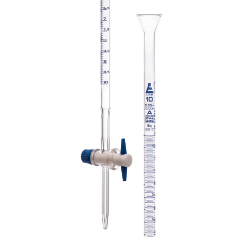 Burette with PTFE key stopcock made of high-quality 3.3 borosilicate glass. Class A, ISO 385. Blue, printed graduation lines marked every 1ml. 0.05ml subdivisions, ±0.03ml tolerance. The burette measures 18" in length and has an inner diameter of 8mm and an outer diameter of 11mm.